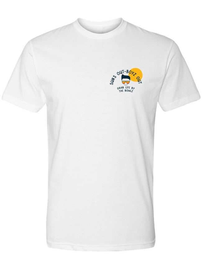 bowl boyz short sleeve white premium tshirts with sun's out boyz out logo on left chest